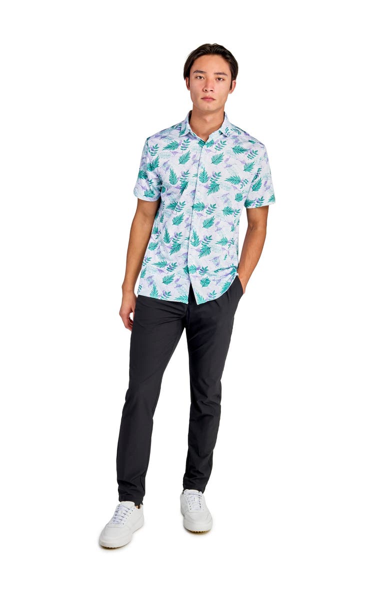 CONSTRUCT Regular Fit Cheetah Leaf Print Recycled Performance Golf Button-Down Shirt, Alternate, color, White