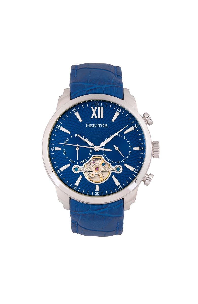Heritor Automatic Arthur Semi-Skeleton Leather-Band Watch w/ Day/Date, Main, color, Silver/Blue