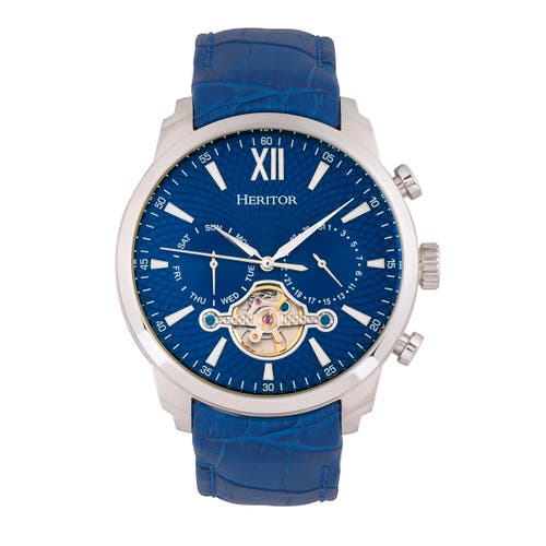 Heritor Automatic Arthur Semi-Skeleton Leather-Band Watch w/ Day/Date in Silver/blue at Nordstrom