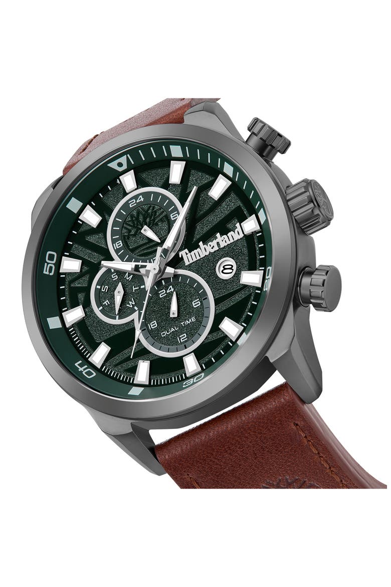 Henniker II Multifunction Chronogrpah Leather Strap Watch, 46mm, Alternate, color, DARK BROWN