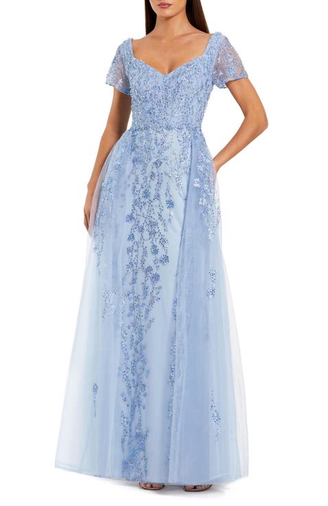 Beaded Embroidered Overskirt Cap Sleeve Gown