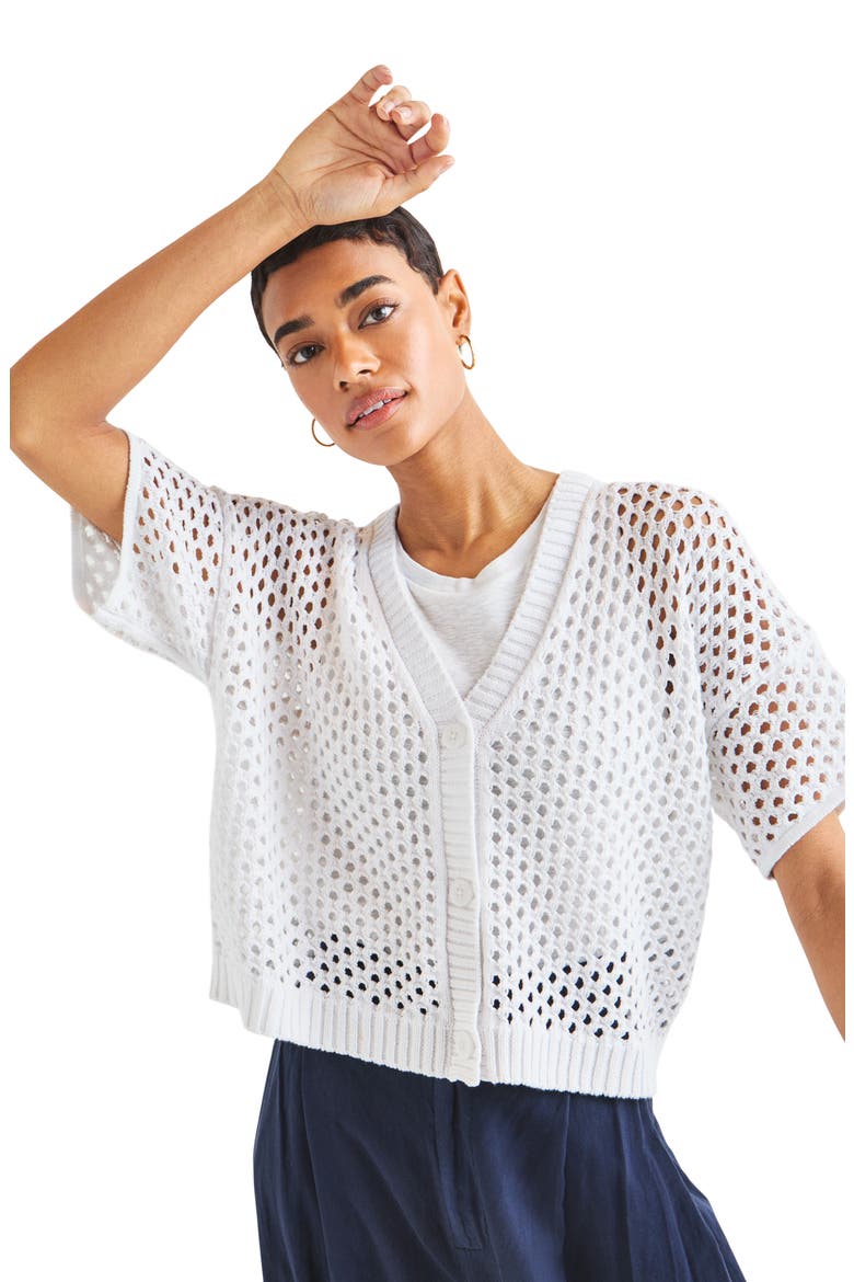 Nova Short Sleeve Cotton Pointelle Cardigan, Alternate, color, WHITE