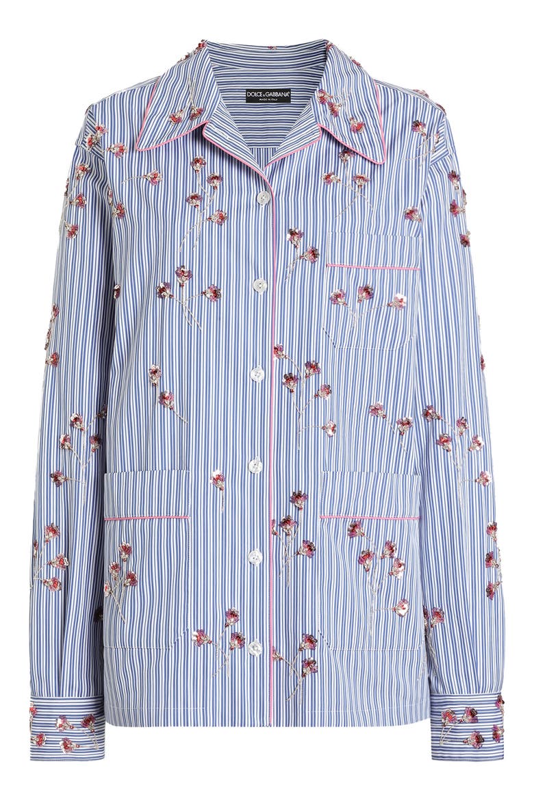 Sequin Embellished Stripe Cotton & Silk Poplin Shirt, Alternate, color, S8400 EMBROIDERED