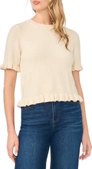 CeCe Ruffle Trim Short Sleeve Sweater