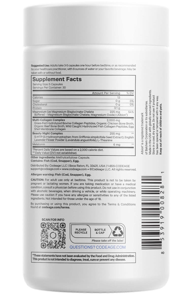 Codeage Multi Collagen + Magnesium & Melatonin Beauty Night Supplement, Alternate, color, White