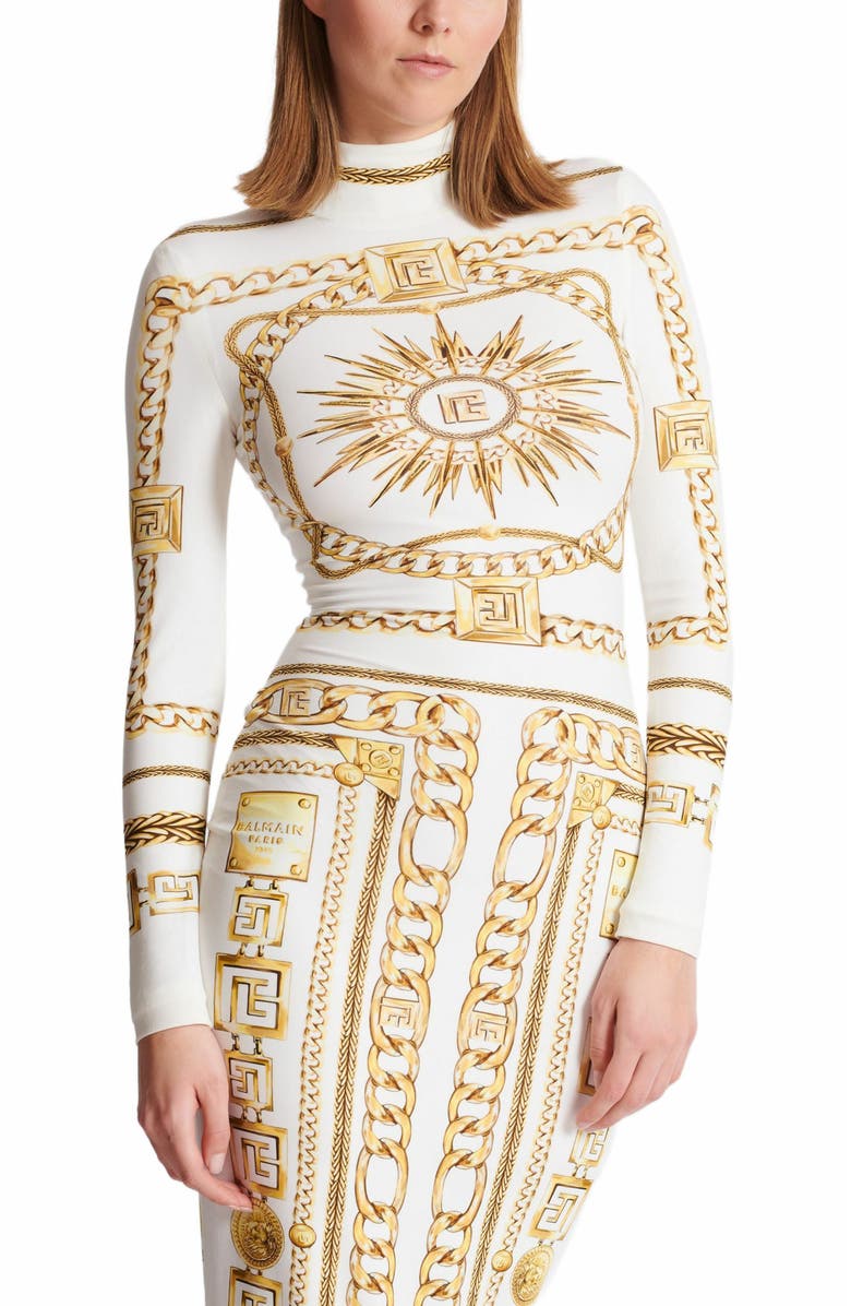Balmain Long Printed Bodycon Dress With Balmain Foulard Pattern, Alternate, color, Gold