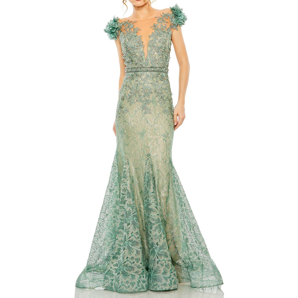 Mac Duggal Embroidered Illusion Appliqued Bodice Trumpet Gown In Sage