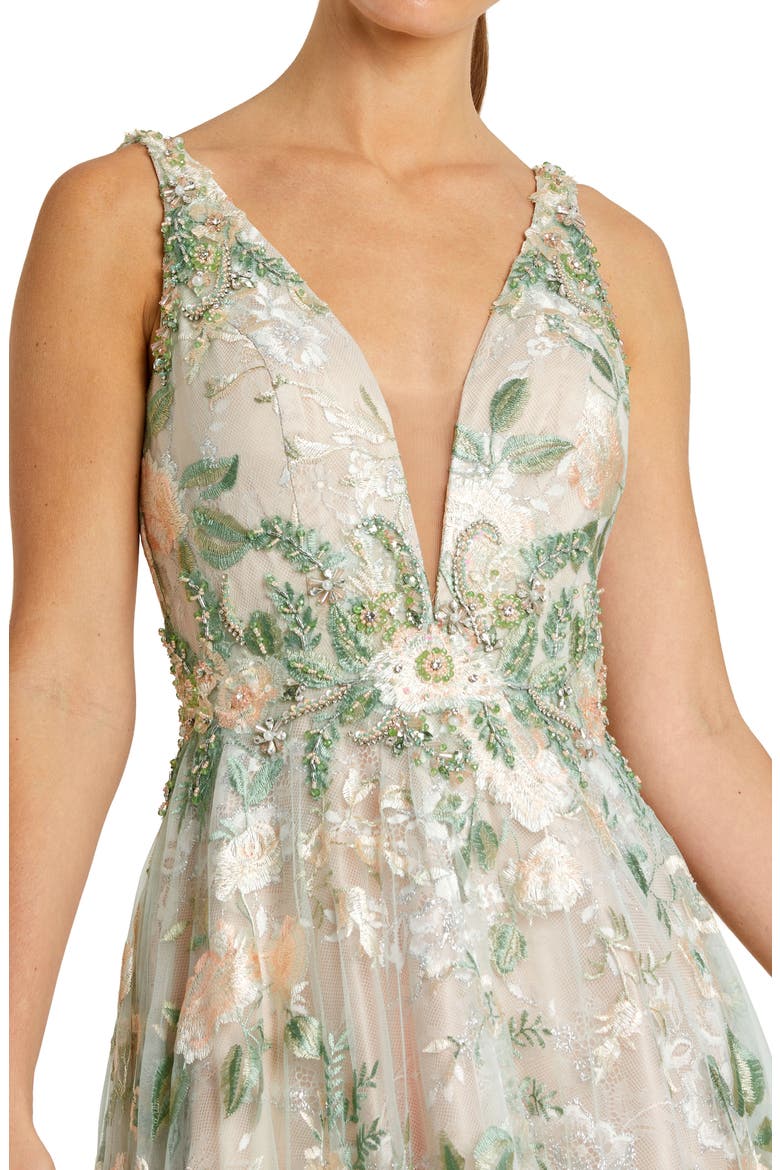 Floral Embroidered Illusion V-Neck Gown, Alternate, color, CREAM MULTI