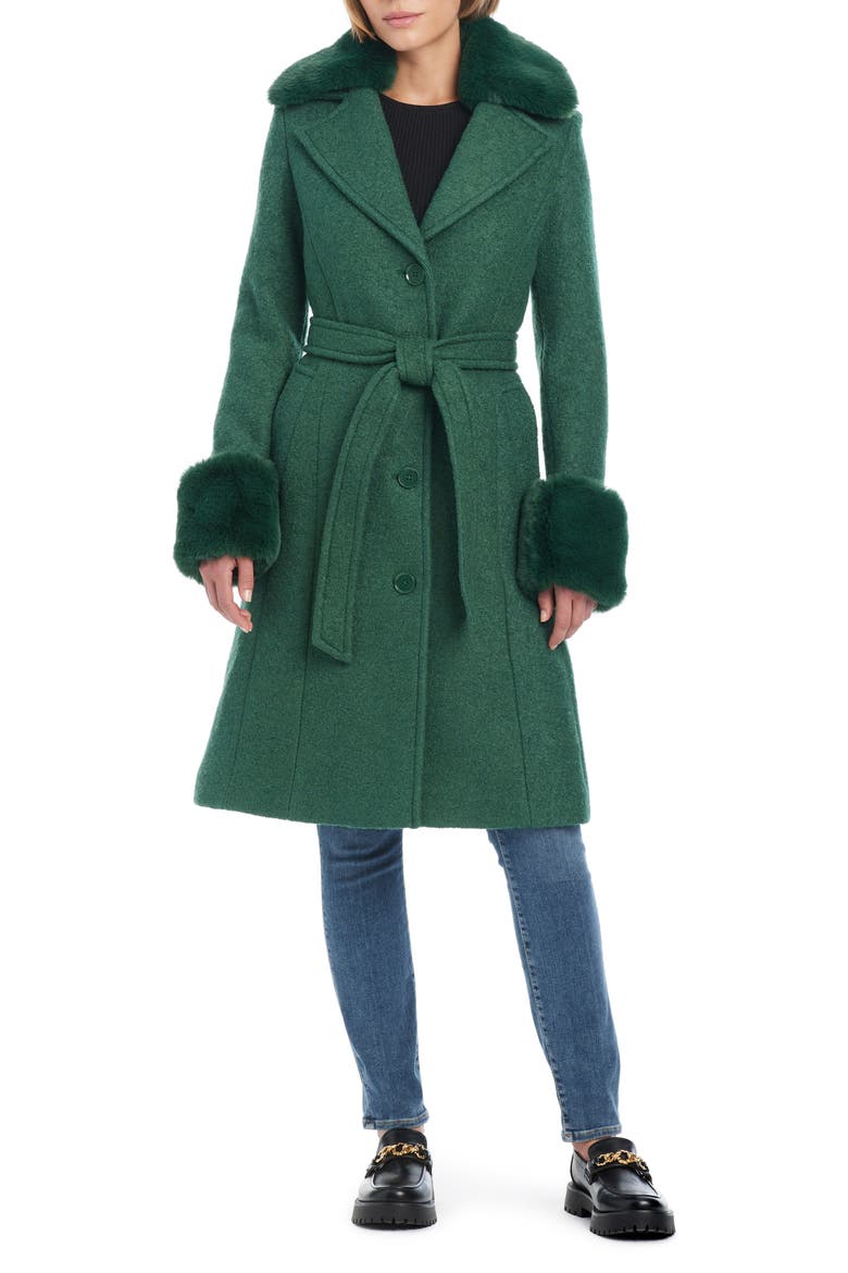club belted wool blend coat with removable faux fur collar and cuffs, Main, color, VELVET MOSS