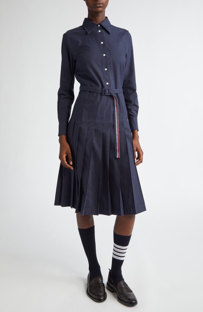 Thom Browne Long Sleeve Pleated Cotton Shirtdress, Main, color, 