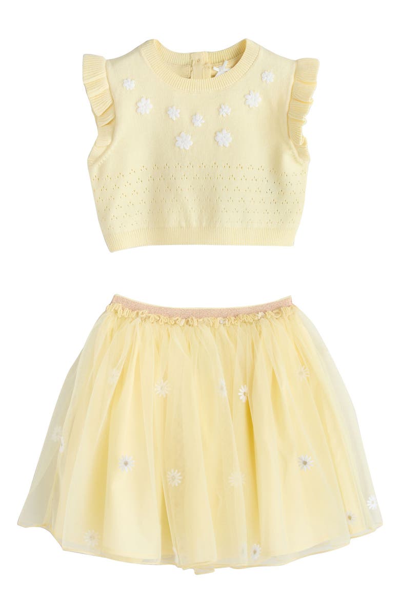 NEXT Kids' Floral Pointelle Knit Top & Mesh Skirt Set, Main, color, Yellow