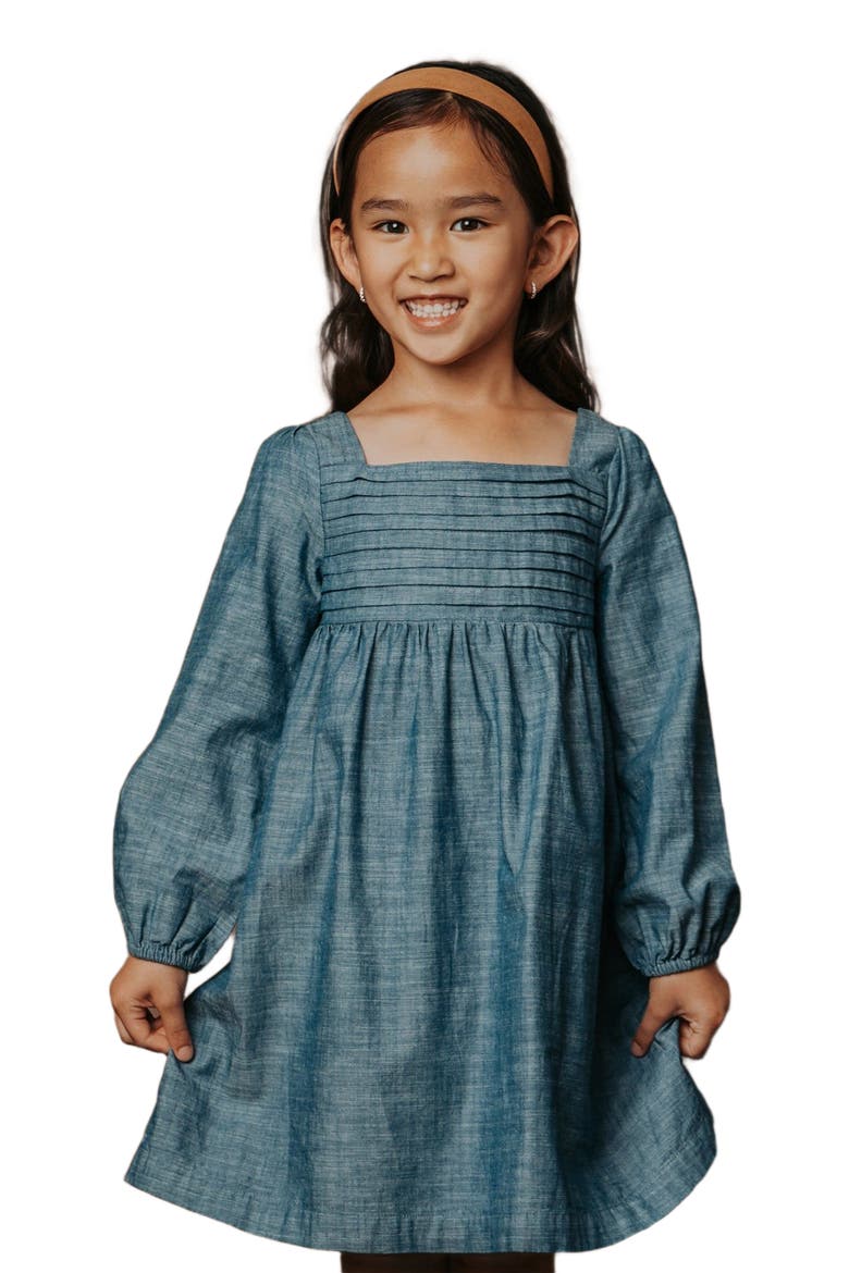 Girls' Organic Ruched Chambray Dress, Toddler, Alternate, color, Pleated Chambray