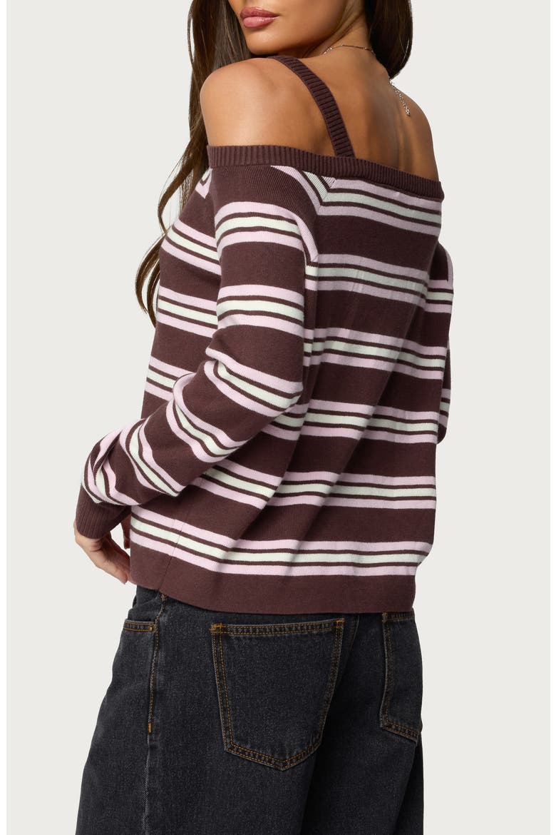 Shyla Stripe Off the Shoulder Sweater, Alternate, color, BROWN