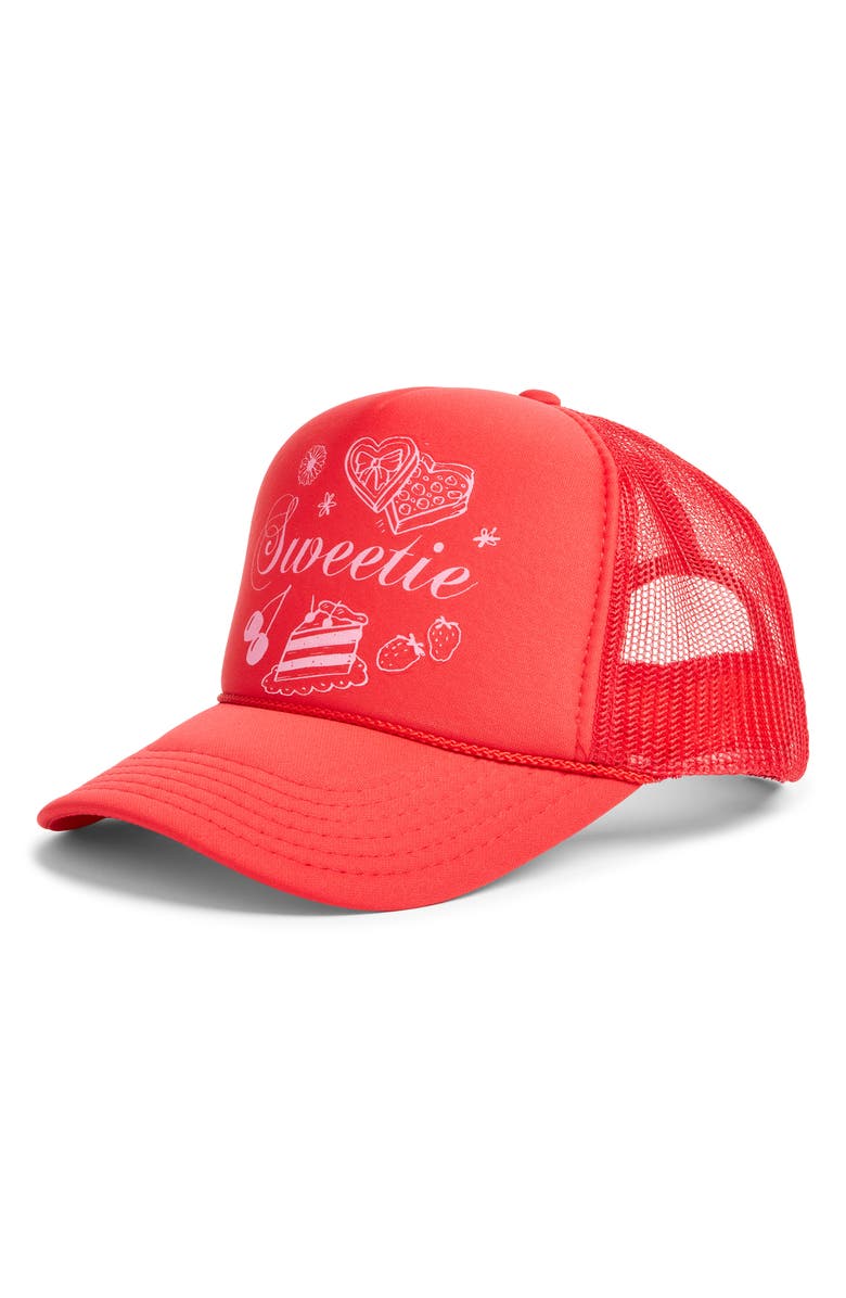 Friday Feelin’ Sweetie Trucker Hat, Main, color, Red