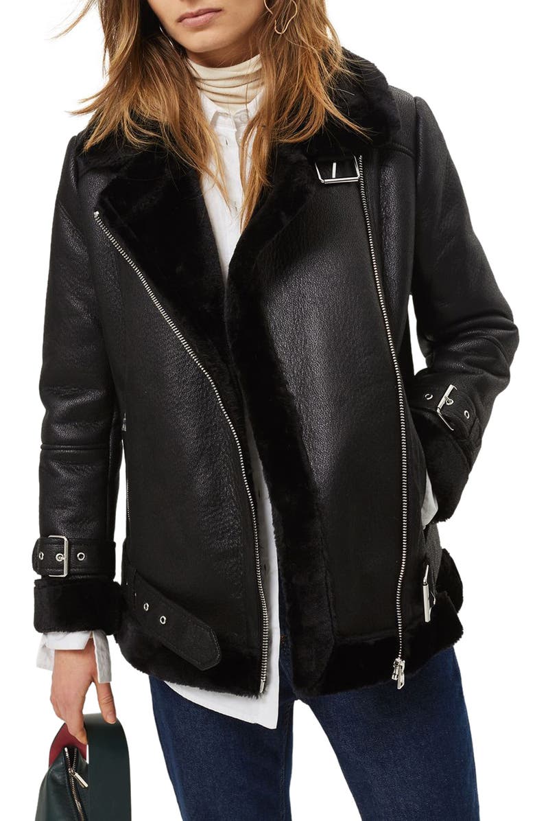 Topshop Faux Shearling Biker Jacket, Main, color, 