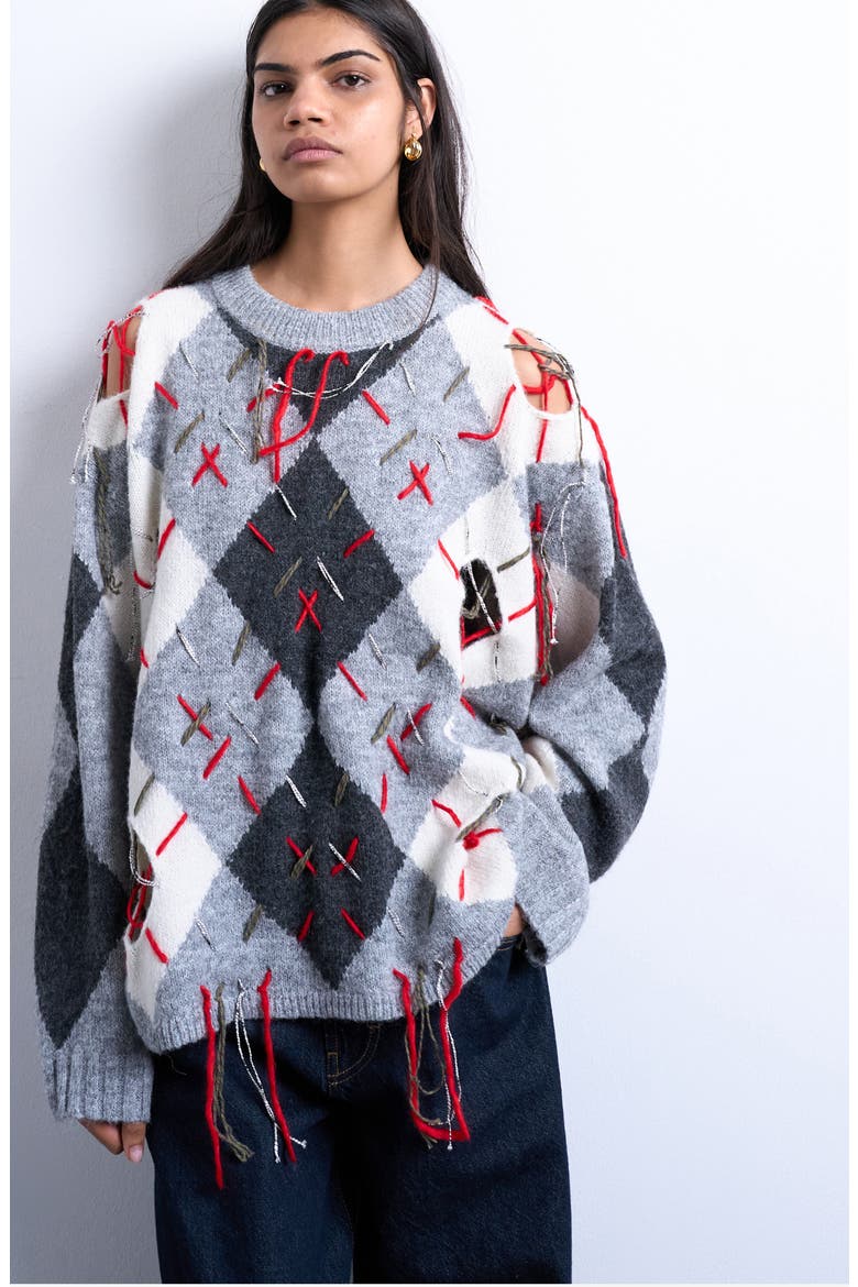 Oversize Distressed Argyle Stitch Sweater, Main, color, GREY