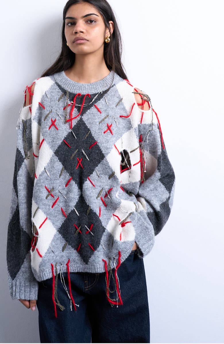 Topshop Oversize Distressed Argyle Stitch Sweater, Main, color, Grey