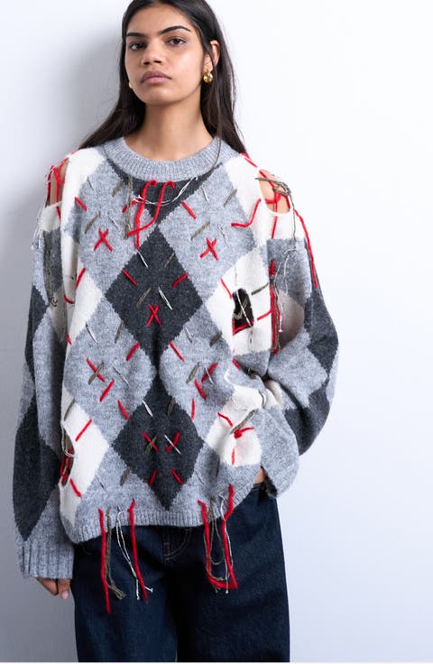 Oversize Distressed Argyle Stitch Sweater