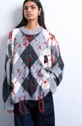 Topshop Oversize Distressed Argyle Stitch Sweater