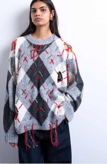 Topshop Oversize Distressed Argyle Stitch Sweater