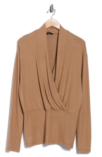 Renee C Surplice V-neck Long Sleeve Brushed Knit Top In Brown