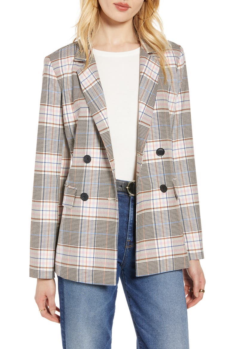 Plaid Double-Breasted Blazer, Main, color, BLACK MULTI PLAID