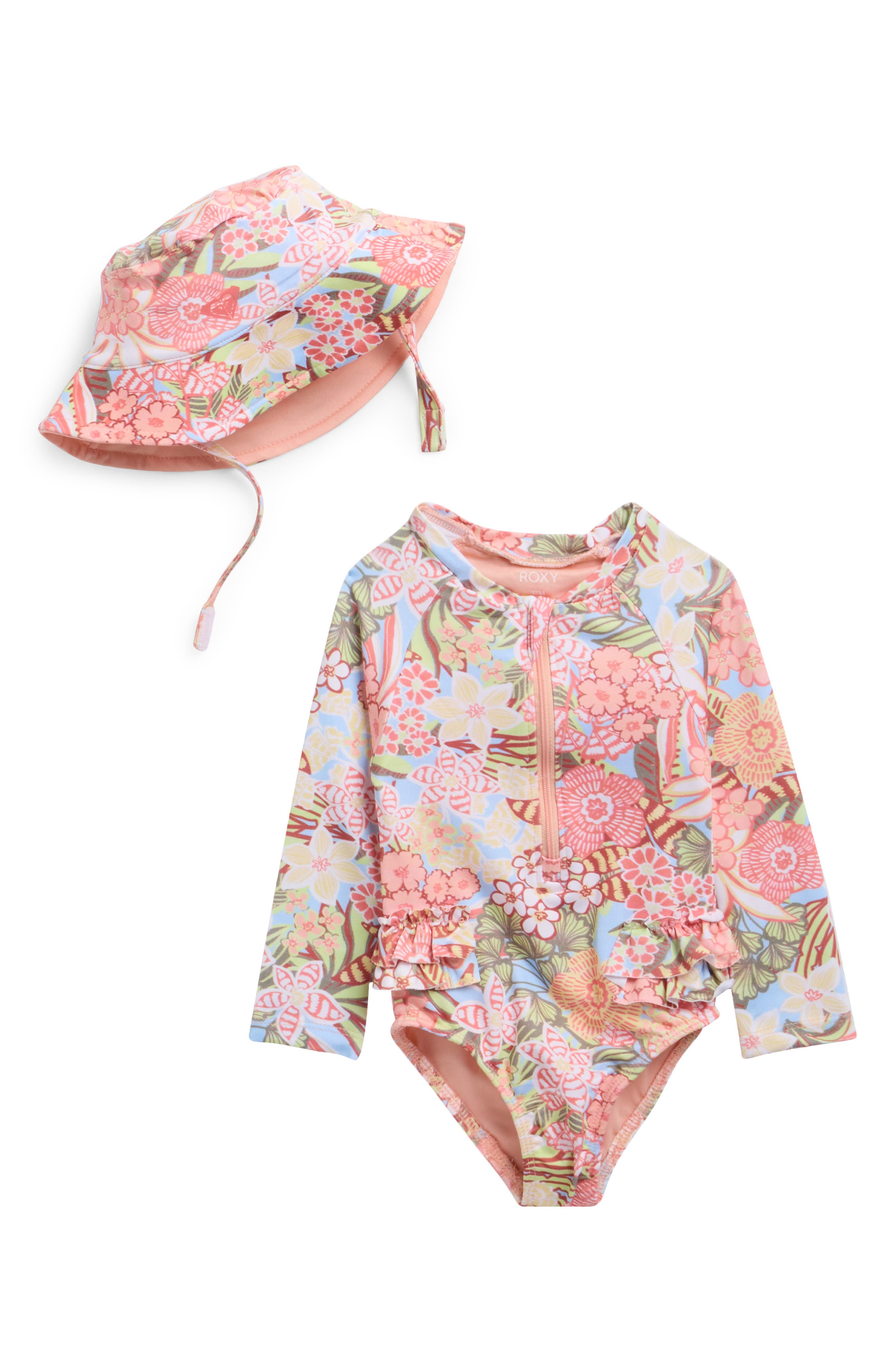 Roxy Long Sleeve One-Piece Rashguard Swimsuit & Hat Set