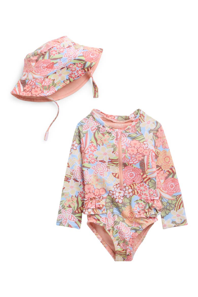 Long Sleeve One-Piece Rashguard Swimsuit & Hat Set, Main, color, PINK MULTI