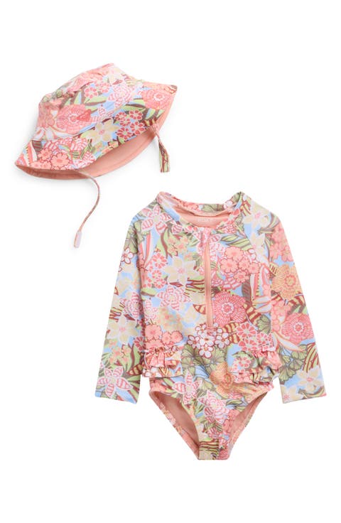 Long Sleeve One-Piece Rashguard Swimsuit & Hat Set (Baby)