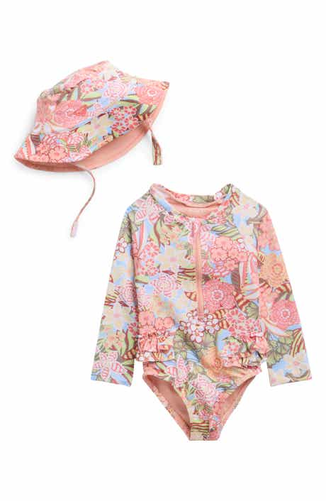 Roxy Long Sleeve One-Piece Rashguard Swimsuit & Hat Set