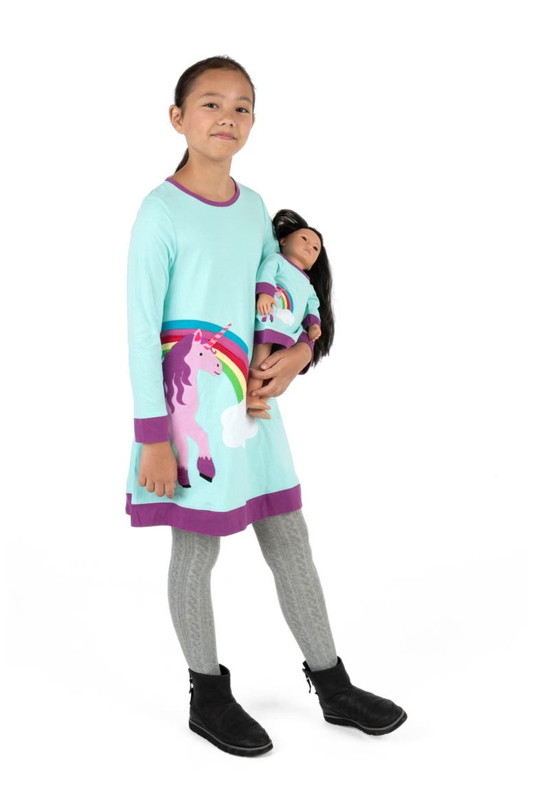Girls Cotton Dress with Matching Doll Dress, Printed Design, Alternate, color, AQUA