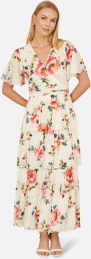 Yumi Mesh V-Neck Tiered Maxi Dress