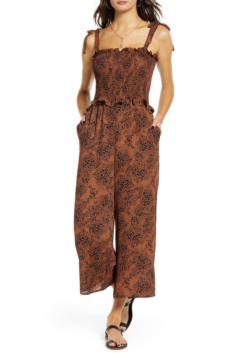 Smocked Bodice Wide Leg Jumpsuit, Main, color, COFFEE BLACK PRINT
