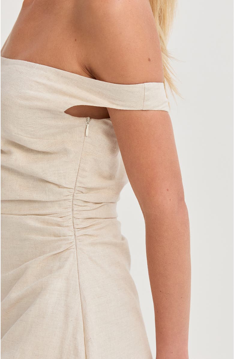 CRESCENT Off Shoulder Side Ruched Linen Mini Dress, Alternate, color, Oatmeal