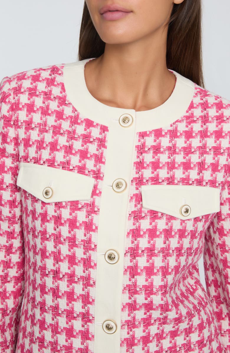 Elie Tahari The Farley Houndstooth Check Cotton Tweed Jacket, Alternate, color, Haute Pink And Sky White