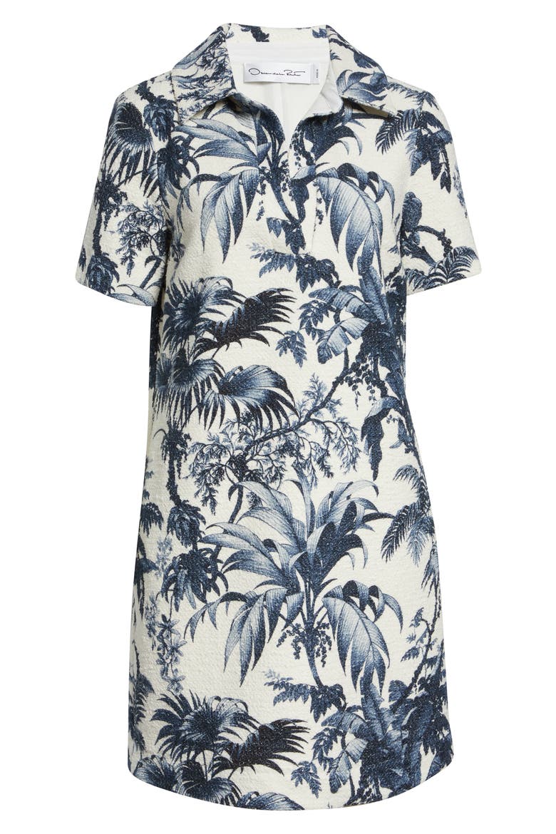 Palm Leaves Print Cotton & Wool Blend Tweed Dress, Alternate, color, NAVY/ IVORY