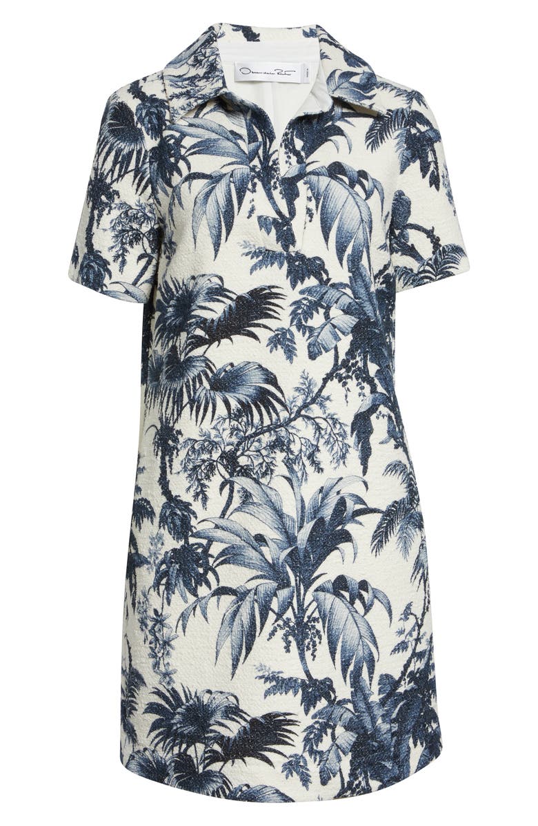 Oscar de la Renta Palm Leaves Print Cotton & Wool Blend Tweed Dress, Main, color, Navy/ Ivory