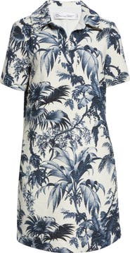Oscar de la Renta Palm Leaves Print Cotton & Wool Blend Tweed Dress