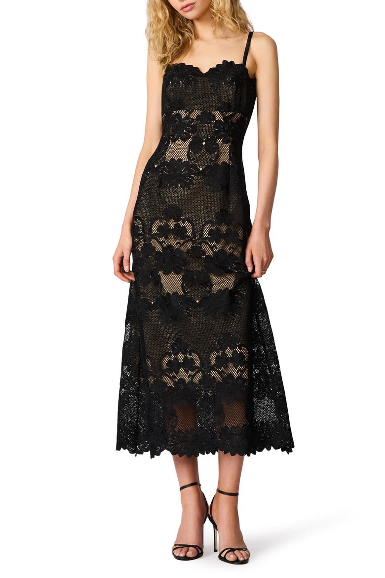 black lace floral dress Steve Madden Women's Willow Scalloped Midi - Size:6-8 Fitted bodice with flowing category:Coverups A-Line/Princess Off-the-Shoulder Silk Satin