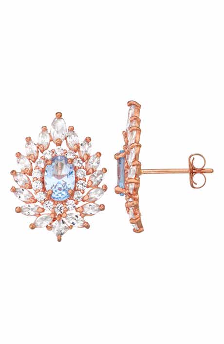FZN 10K Rose Gold Aquamaine & Lab Created White Sapphire Stud Eaerrings