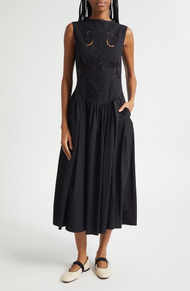 Stine Goya Embroidered Broderie Anglaise Midi Dress, Main, color, Broderie Anglaise