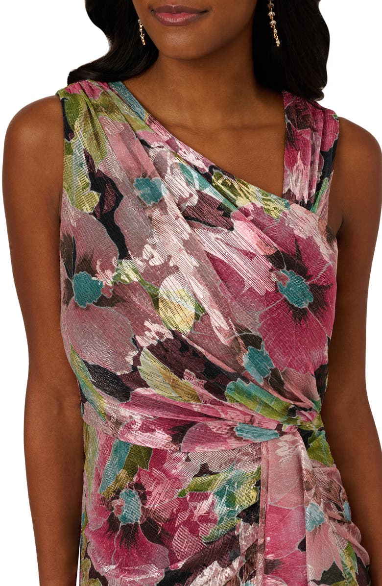 Adrianna Papell Asymmetric Metallic Foil Floral Gown, Alternate, color, Pink Multi