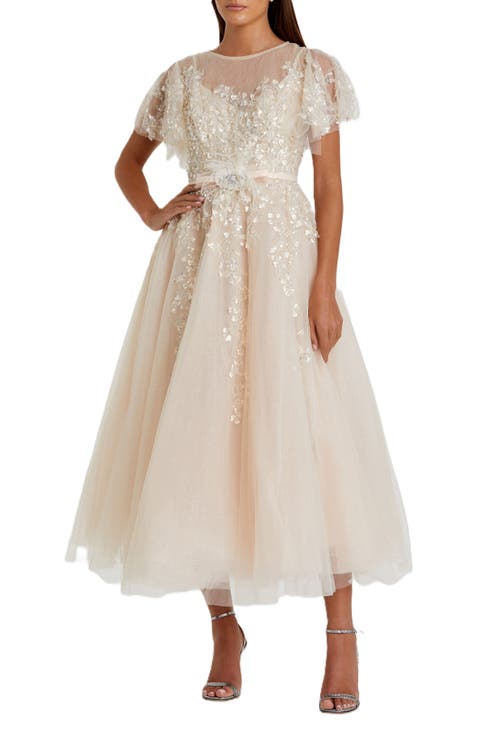 Embellished Flutter Sleeve Bow Waist A Line Dress