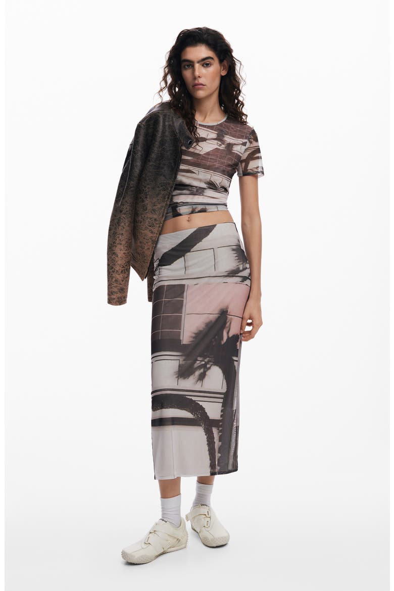 Abstract Print Mesh Midi Skirt, Alternate, color, MONBEAN GRAY