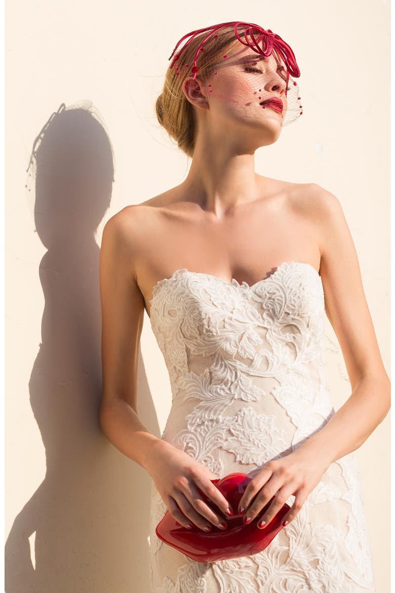Tris Embroidered Strapless English Net Trumpet Gown, Alternate, color, IVORY/ NUDE