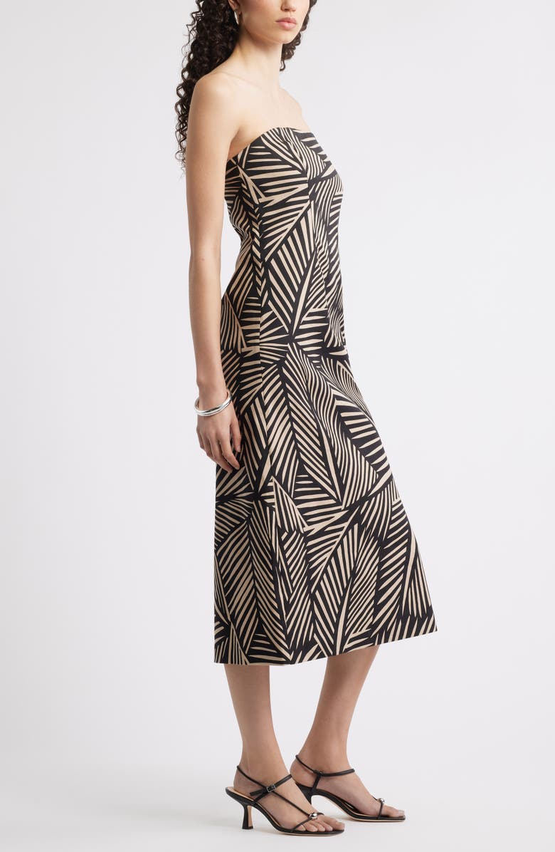 Nordstrom Strapless Linen Blend Midi Dress, Alternate, color, Black- Beige Palmed