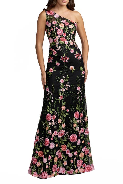 Petite One Shoulder Lace Embroidered Gown