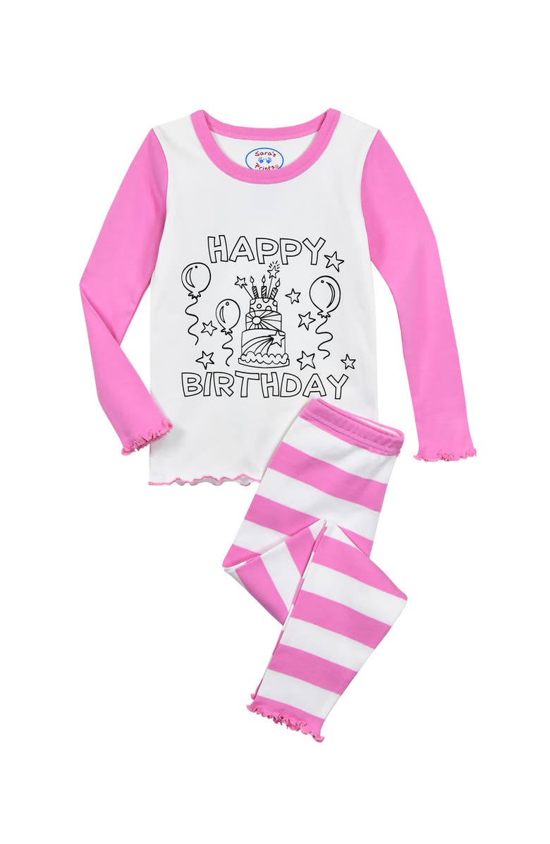 Sara’s Prints Color Me PJ Fitted Pajamas with Fabric Marker Set Cotton Blend, Main, color, Birthday Cake