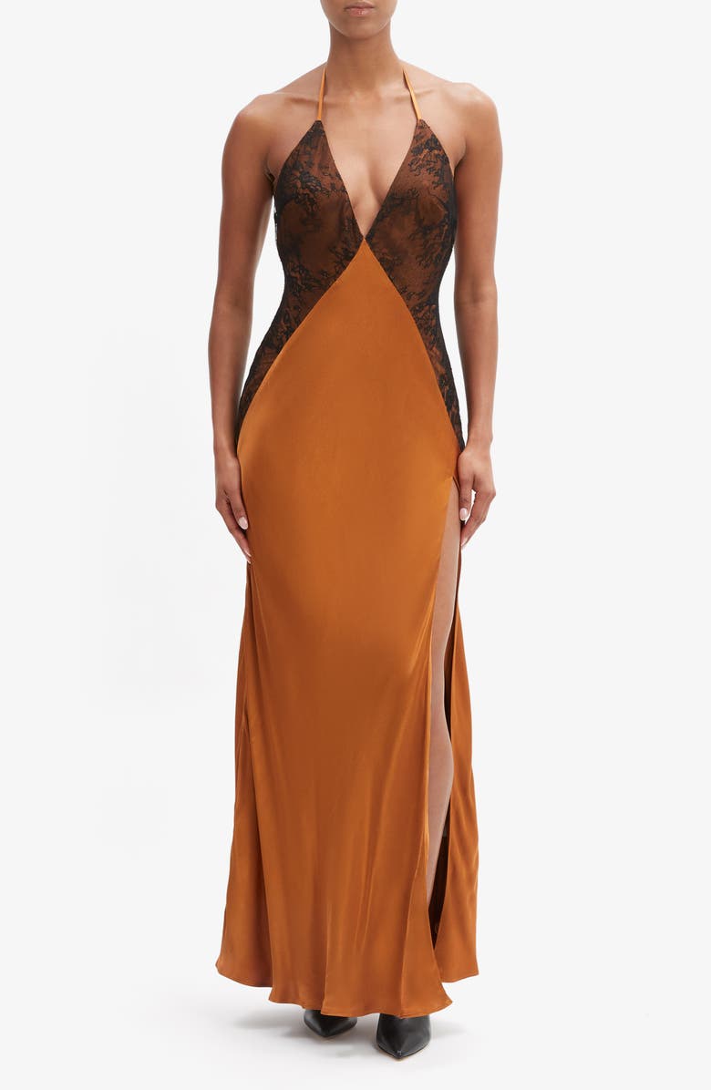 Bardot Estrella Halter Gown, Main, color, Toffee