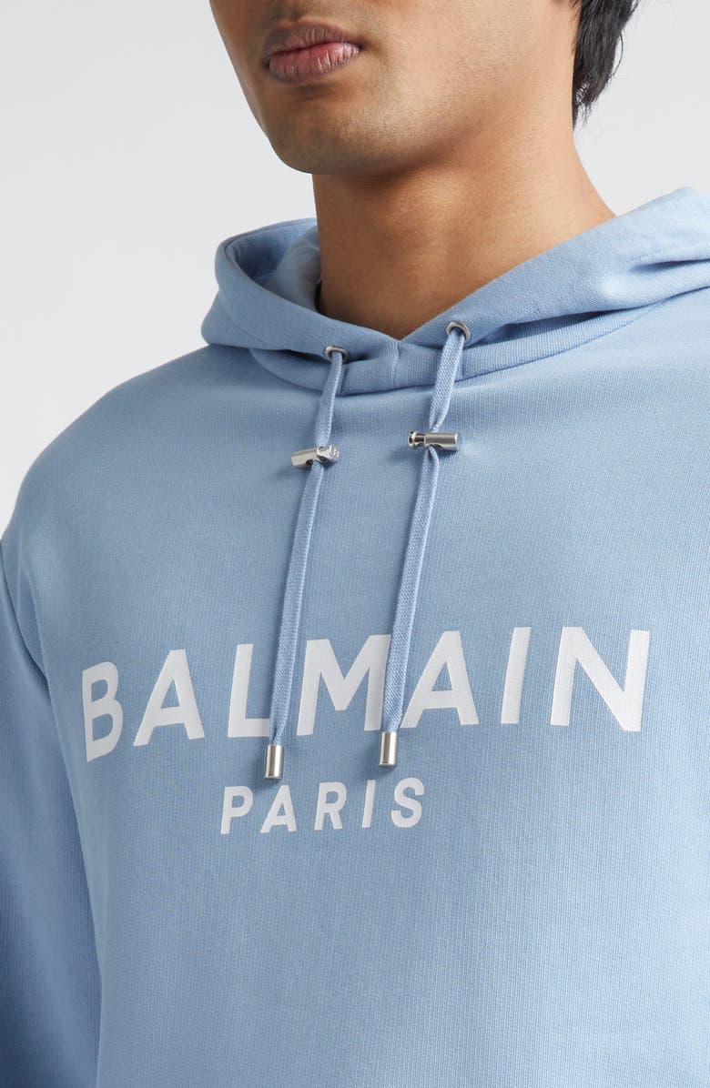 Balmain Organic Cotton Logo Graphic Hoodie, Alternate, color, Slj Pale Blue/ White
